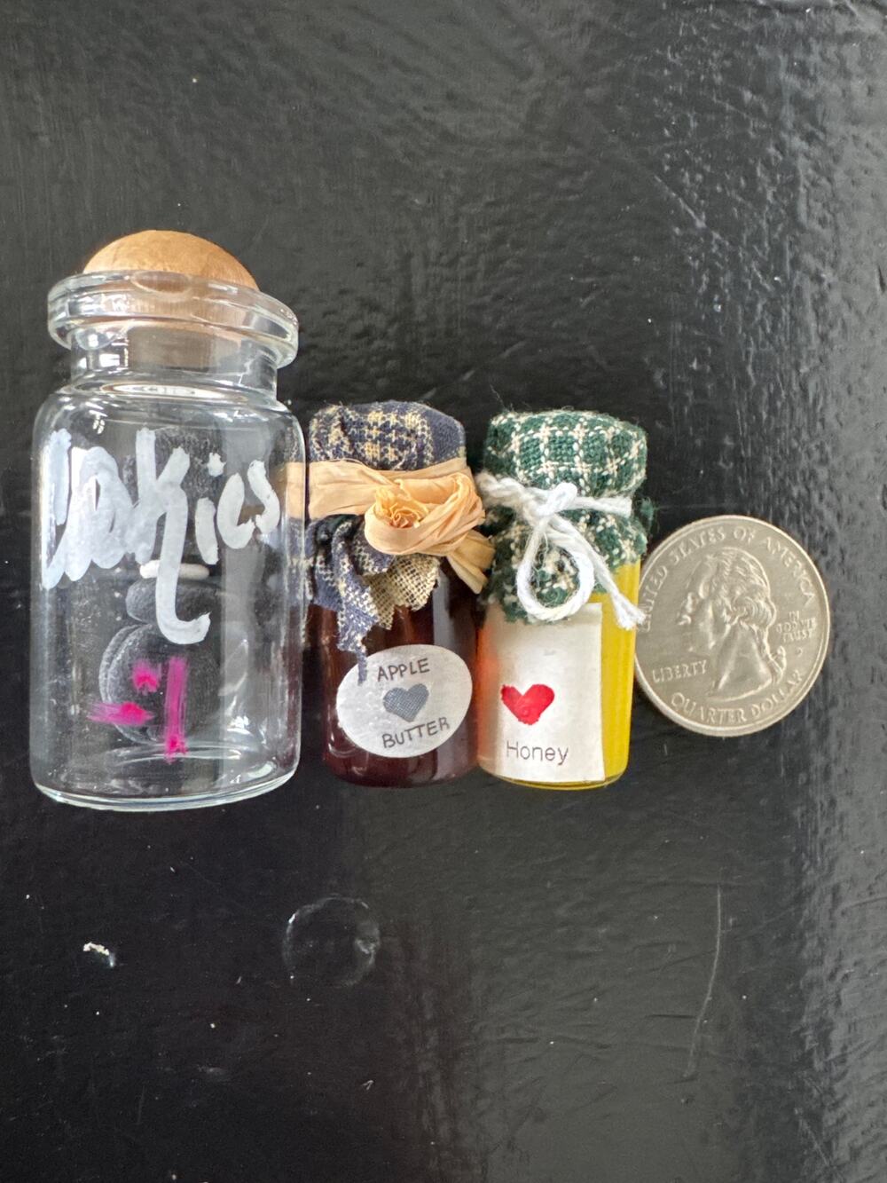 Vintage Miniature Glass & Fabric apple butter & Jelly Jars Dollhouse Toy